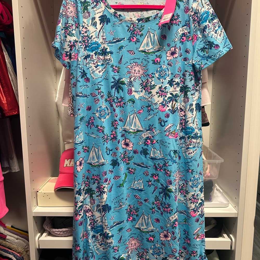 Lilly Pulitzer Blue Midi Sundress with Raglan Sleeves. Florida Print